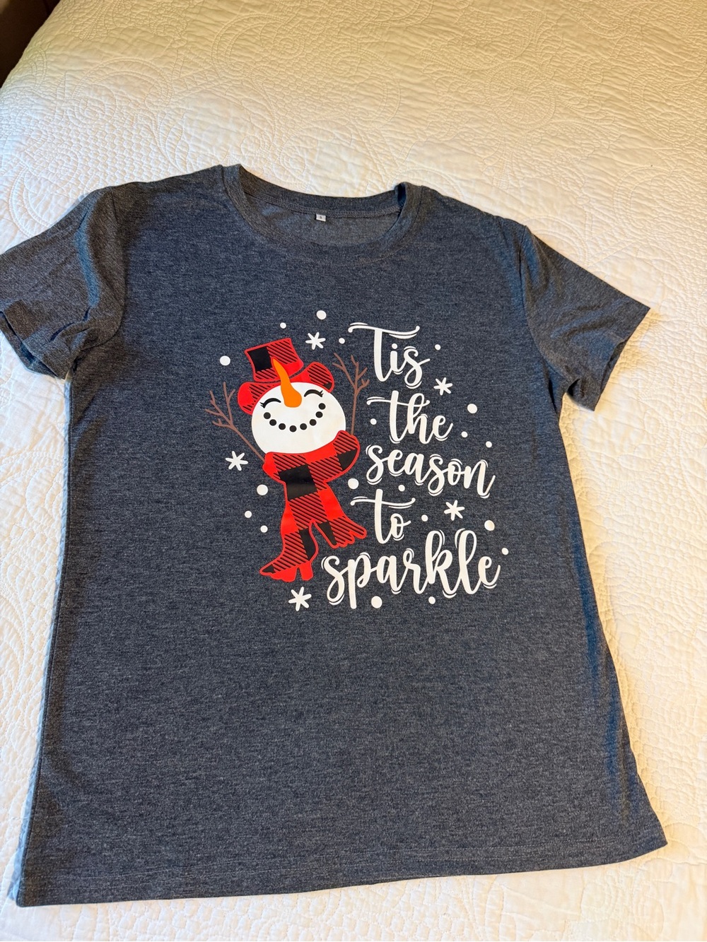Ladies Tis the Season to Sparkle Snowman Graphic Tee - Charcoal Fits a Medium